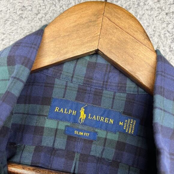 Ralph Lauren Shirt Men's Medium Green Blue Tartan Plaid Check Pony Slim Preppy - Picture 7 of 10